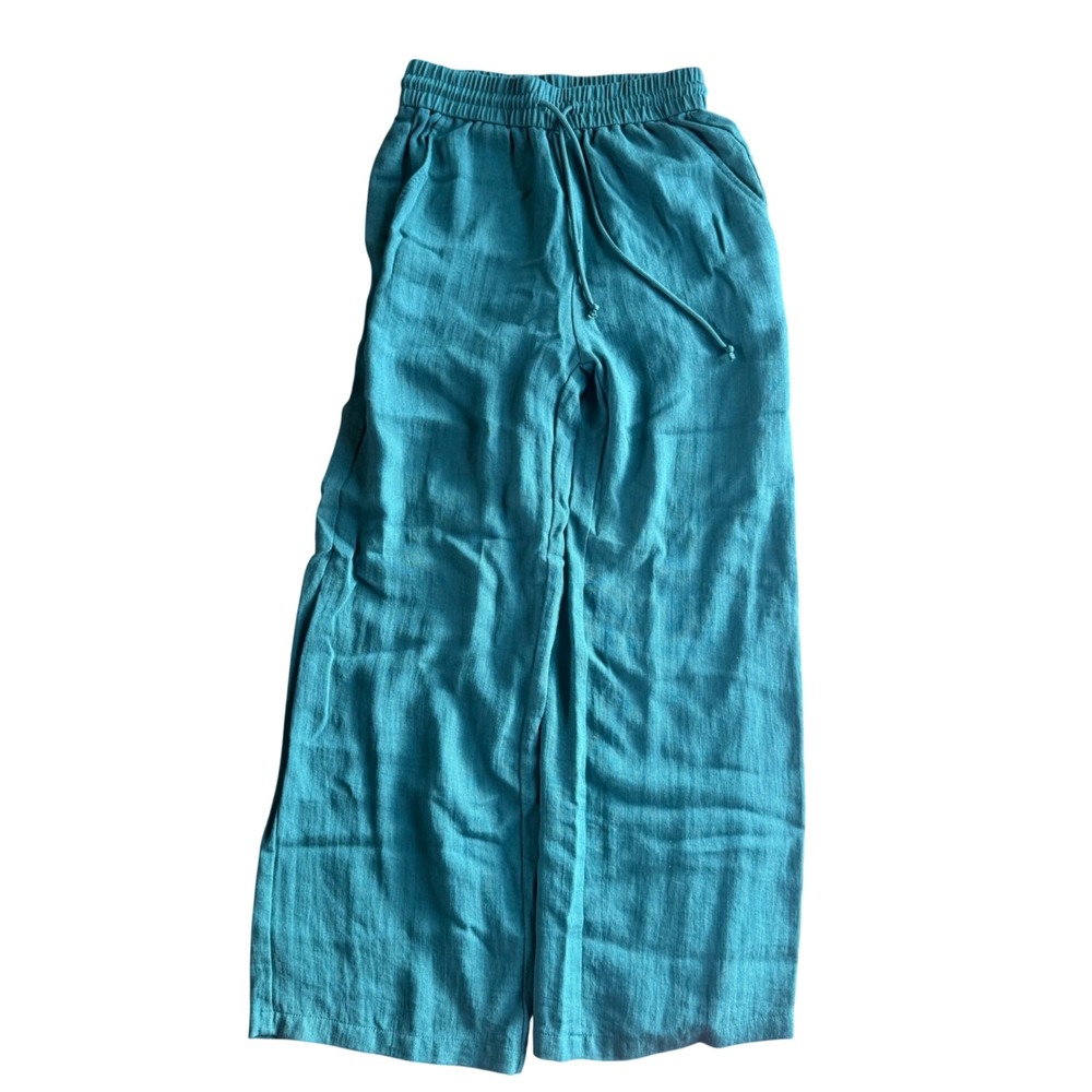 Halara Wide Leg Pants Women Small Teal Green Textured Drawstring Elastic Waist